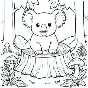 solo, chủ đề đơn, một đầu, hai mắt, hai tai, bốn chân, một đuôi, tỷ lệ tự nhiên, quy mô thích hợp trong môi trường, đúng giải phẫu, Koala, Rừng cây, gốc cây rỗng, nấm, nền đơn giản, môi trường sạch sẽ, rừng, lá cây, ánh sáng mặt trời, nghệ thuật tuyến tính, trang màu, nghệ thuật đường, nền trắng, solo, chủ đề đơn, đúng về mặt giải phẫu, giải phẫu hoàn hảo
