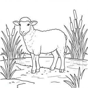 solo, chủ đề đơn, một đầu, hai mắt, hai tai, bốn chân, một đuôi, tỷ lệ tự nhiên, quy mô thích hợp trong môi trường, đúng giải phẫu, Cừu, Lau sậy, đuôi mèo, bờ sông, nước lặng, đất, ánh sáng mặt trời, đơn giản, sạch sẽ, lý lịch, hòa bình, trang màu, nghệ thuật đường, nền trắng, solo, chủ đề đơn, đúng giải phẫu, giải phẫu hoàn hảo