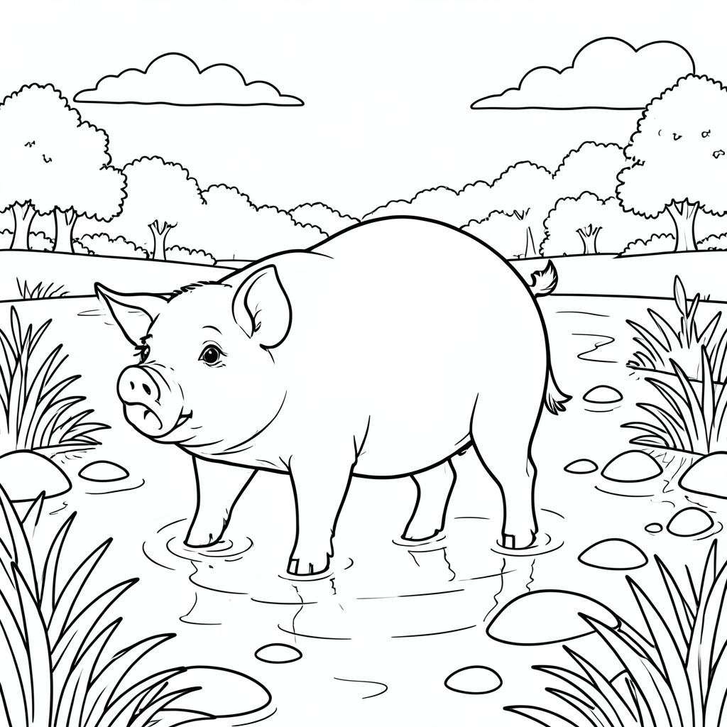 solo, chủ đề đơn, một đầu, hai mắt, hai tai, bốn chân, một đuôi, tỷ lệ tự nhiên, quy mô thích hợp trong môi trường, đúng giải phẫu, Con lợn, Ao tĩnh, nước trong, đá mịn, cây xanh tươi tốt, ánh sáng mặt trời, bầu trời, tầm nhìn mở rộng, cây cối xa xôi, yên bình, thanh thản, trang màu, nghệ thuật đường nét, nền trắng, solo, chủ đề đơn, đúng giải phẫu, giải phẫu hoàn hảo