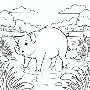 solo, chủ đề đơn, một đầu, hai mắt, hai tai, bốn chân, một đuôi, tỷ lệ tự nhiên, quy mô thích hợp trong môi trường, đúng giải phẫu, Con lợn, Ao tĩnh, nước trong, đá mịn, cây xanh tươi tốt, ánh sáng mặt trời, bầu trời, tầm nhìn mở rộng, cây cối xa xôi, yên bình, thanh thản, trang màu, nghệ thuật đường nét, nền trắng, solo, chủ đề đơn, đúng giải phẫu, giải phẫu hoàn hảo