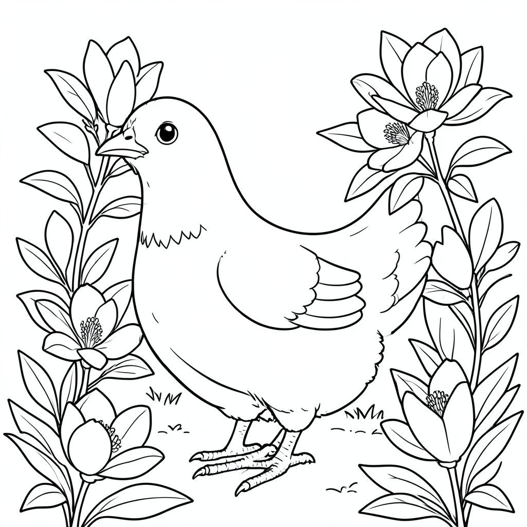 solo, một con chim, một đầu, hai mắt, một mỏ, hai cánh, hai chân, một đuôi, tỷ lệ tự nhiên, quy mô thích hợp trong môi trường, đúng giải phẫu, gà, Mộc lan, hoa, trắng, nở hoa, đầy đủ, đơn giản, dọn dẹp, vườn, lý lịch, tán lá, trang tô màu, nghệ thuật đường, nền trắng, solo, chủ đề đơn, đúng về mặt giải phẫu, giải phẫu hoàn hảo