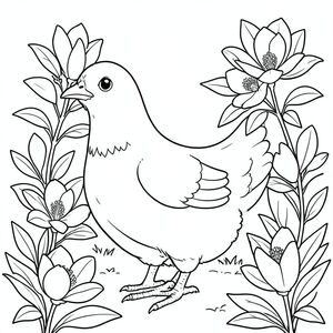 solo, một con chim, một đầu, hai mắt, một mỏ, hai cánh, hai chân, một đuôi, tỷ lệ tự nhiên, quy mô thích hợp trong môi trường, đúng giải phẫu, gà, Mộc lan, hoa, trắng, nở hoa, đầy đủ, đơn giản, dọn dẹp, vườn, lý lịch, tán lá, trang tô màu, nghệ thuật đường, nền trắng, solo, chủ đề đơn, đúng về mặt giải phẫu, giải phẫu hoàn hảo