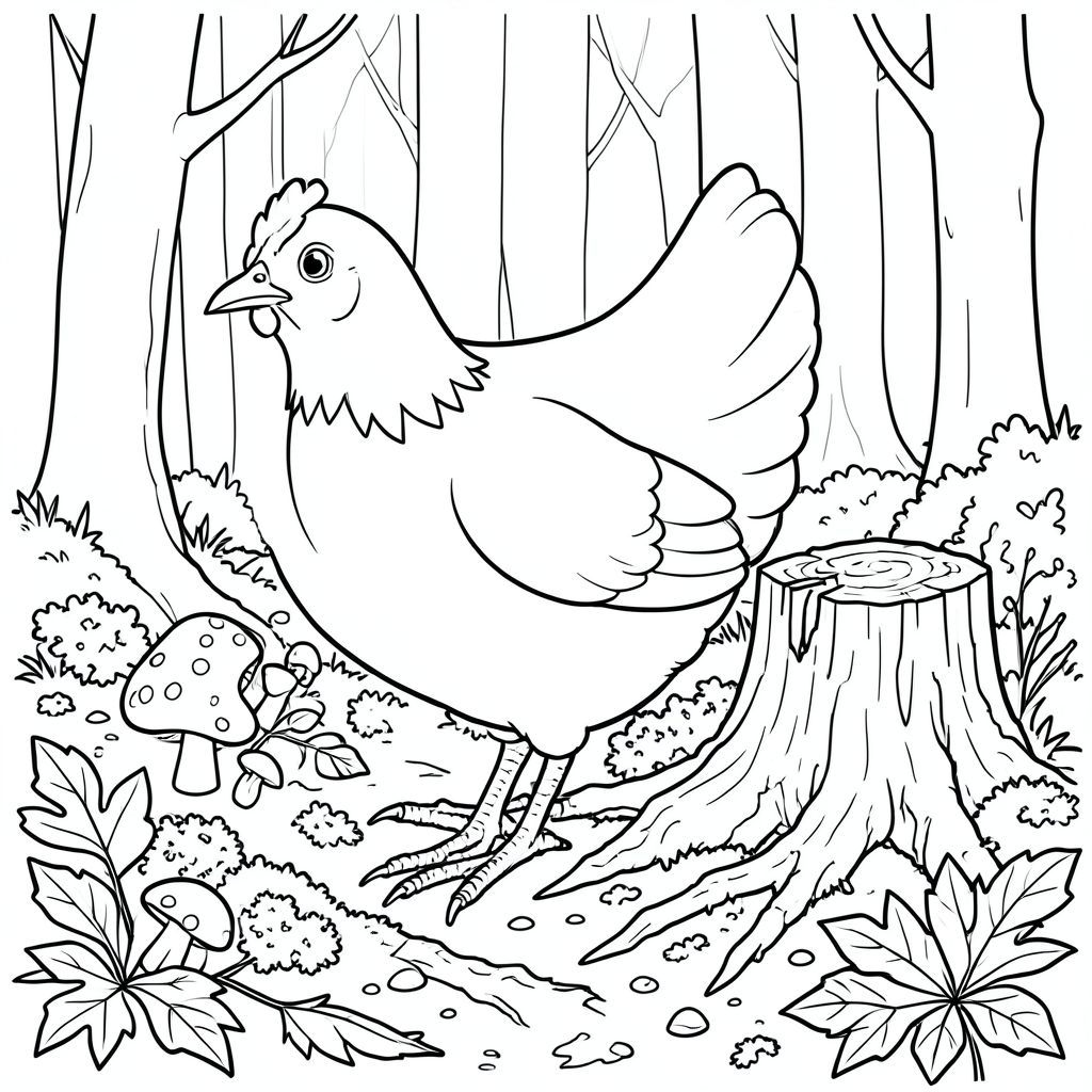 solo, một con chim, một đầu, hai mắt, một mỏ, hai cánh, hai chân, một đuôi, tỷ lệ tự nhiên, quy mô thích hợp trong môi trường, đúng giải phẫu, gà, miếng dán nấm, gốc cây thối rữa, rừng mùa thu ẩm ướt, lá, sàn rừng, rễ, rêu, địa y, phân rữa, gỗ, trang màu, nghệ thuật đường, nền trắng, solo, chủ đề đơn, đúng về mặt giải phẫu, giải phẫu hoàn hảo