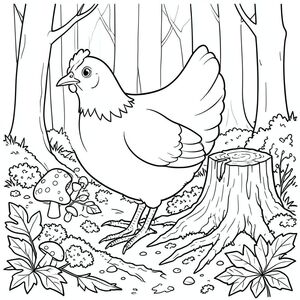 solo, một con chim, một đầu, hai mắt, một mỏ, hai cánh, hai chân, một đuôi, tỷ lệ tự nhiên, quy mô thích hợp trong môi trường, đúng giải phẫu, gà, miếng dán nấm, gốc cây thối rữa, rừng mùa thu ẩm ướt, lá, sàn rừng, rễ, rêu, địa y, phân rữa, gỗ, trang màu, nghệ thuật đường, nền trắng, solo, chủ đề đơn, đúng về mặt giải phẫu, giải phẫu hoàn hảo