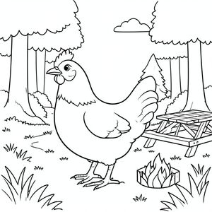 solo, một con chim, một đầu, hai mắt, một mỏ, hai cánh, hai chân, một đuôi, tỷ lệ tự nhiên, quy mô thích hợp trong môi trường, đúng giải phẫu, gà, cây cối, rừng, ánh sáng mặt trời, bầu trời quang đãng, bầu trời, cỏ, con đường, bàn dã ngoại, vòng lửa, kim loại, trang màu, nghệ thuật đường, nền trắng, solo, chủ đề đơn, chính xác về mặt giải phẫu, giải phẫu hoàn hảo