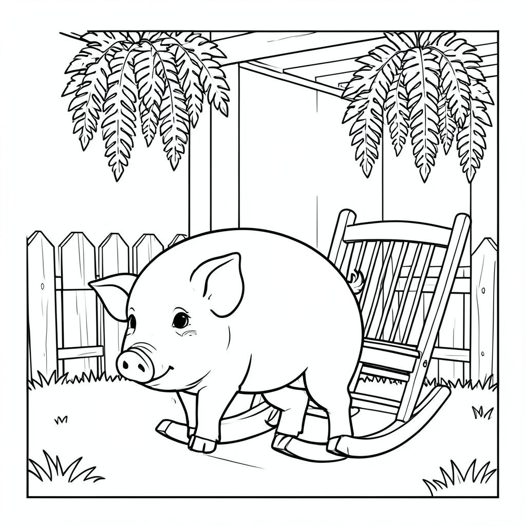 solo, chủ đề đơn, một đầu, hai mắt, hai tai, bốn chân, một đuôi, tỷ lệ tự nhiên, quy mô thích hợp trong môi trường, đúng giải phẫu, Con lợn, hiên nhà có ánh nắng mặt trời, ghế bập bênh, dương xỉ treo, hàng rào gỗ, cỏ, nền đơn giản, dọn dẹp, sách truyện, thuần khiết, trang màu, nghệ thuật đường, nền trắng, solo, chủ đề đơn, đúng giải phẫu, giải phẫu hoàn hảo