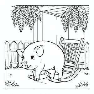solo, chủ đề đơn, một đầu, hai mắt, hai tai, bốn chân, một đuôi, tỷ lệ tự nhiên, quy mô thích hợp trong môi trường, đúng giải phẫu, Con lợn, hiên nhà có ánh nắng mặt trời, ghế bập bênh, dương xỉ treo, hàng rào gỗ, cỏ, nền đơn giản, dọn dẹp, sách truyện, thuần khiết, trang màu, nghệ thuật đường, nền trắng, solo, chủ đề đơn, đúng giải phẫu, giải phẫu hoàn hảo