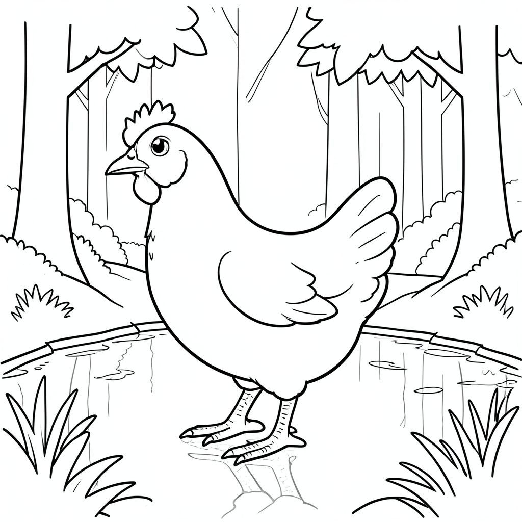 solo, một con chim, một đầu, hai mắt, một mỏ, hai cánh, hai chân, một đuôi, tỷ lệ tự nhiên, quy mô thích hợp trong môi trường, đúng giải phẫu, gà, rừng, ao, phản chiếu, cây cối, đơn giản, sạch sẽ, lý lịch, vẫn còn, một, nhỏ, tô màu, nghệ thuật đường, nền trắng, solo, chủ đề đơn, chính xác về mặt giải phẫu, giải phẫu hoàn hảo