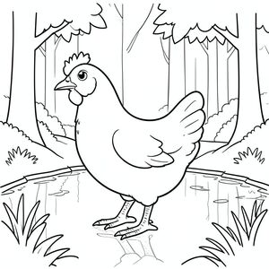 solo, một con chim, một đầu, hai mắt, một mỏ, hai cánh, hai chân, một đuôi, tỷ lệ tự nhiên, quy mô thích hợp trong môi trường, đúng giải phẫu, gà, rừng, ao, phản chiếu, cây cối, đơn giản, sạch sẽ, lý lịch, vẫn còn, một, nhỏ, tô màu, nghệ thuật đường, nền trắng, solo, chủ đề đơn, chính xác về mặt giải phẫu, giải phẫu hoàn hảo