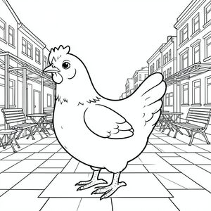 solo, một con chim, một đầu, hai mắt, một mỏ, hai cánh, hai chân, một đuôi, tỷ lệ tự nhiên, quy mô thích hợp trong môi trường, đúng giải phẫu, gà, Đài phun nước, quảng trường, bàn cà phê, đường phố, vỉa hè, bầu trời quang đãng, Tòa nhà, cấu trúc kim loại, ghế gỗ, cỏ, trang màu, nghệ thuật đường, nền trắng, solo, chủ đề đơn, chính xác về mặt giải phẫu, giải phẫu hoàn hảo