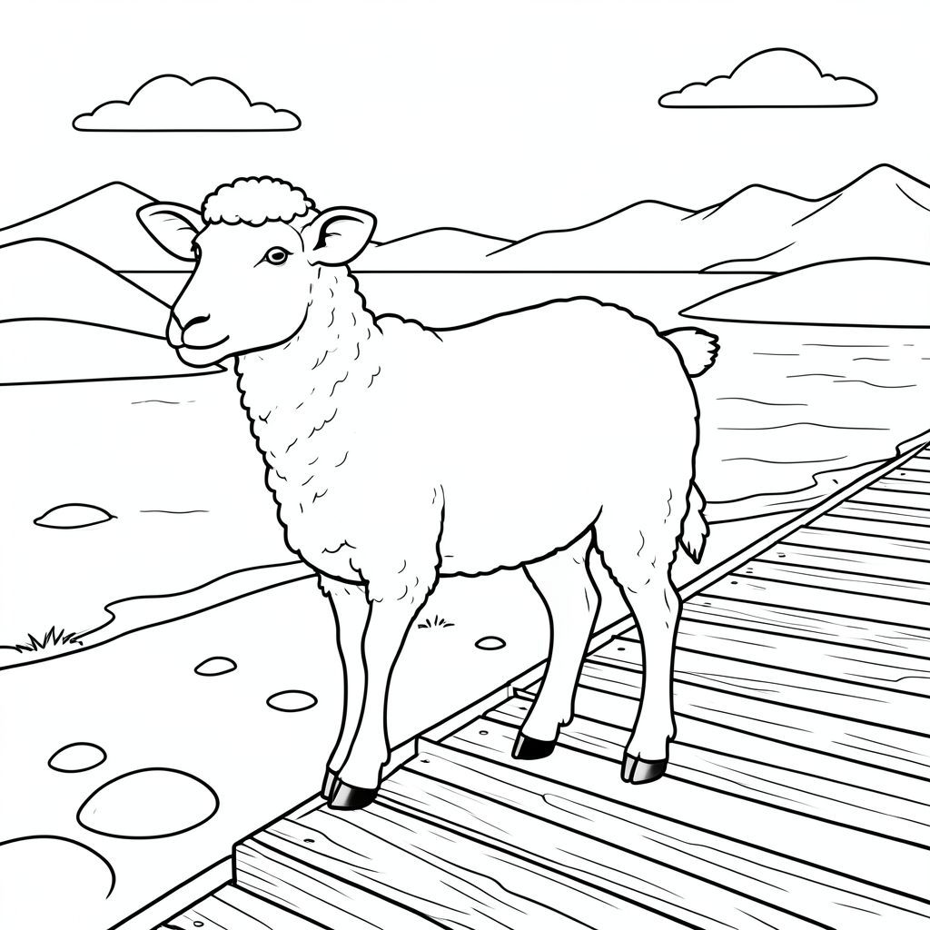 solo, chủ đề đơn, một đầu, hai mắt, hai tai, bốn chân, một đuôi, tỷ lệ tự nhiên, quy mô thích hợp trong môi trường, đúng giải phẫu, Cừu, Cồn cát, bờ biển, lối đi lát ván, ván gỗ, đá mịn, nước trong, bầu trời, núi xa, mềm, thành phần đơn giản, trang màu, nghệ thuật đường, nền trắng, solo, chủ đề đơn, chính xác về mặt giải phẫu, giải phẫu hoàn hảo