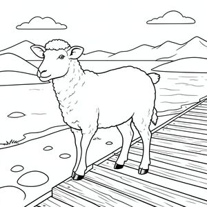 solo, chủ đề đơn, một đầu, hai mắt, hai tai, bốn chân, một đuôi, tỷ lệ tự nhiên, quy mô thích hợp trong môi trường, đúng giải phẫu, Cừu, Cồn cát, bờ biển, lối đi lát ván, ván gỗ, đá mịn, nước trong, bầu trời, núi xa, mềm, thành phần đơn giản, trang màu, nghệ thuật đường, nền trắng, solo, chủ đề đơn, chính xác về mặt giải phẫu, giải phẫu hoàn hảo