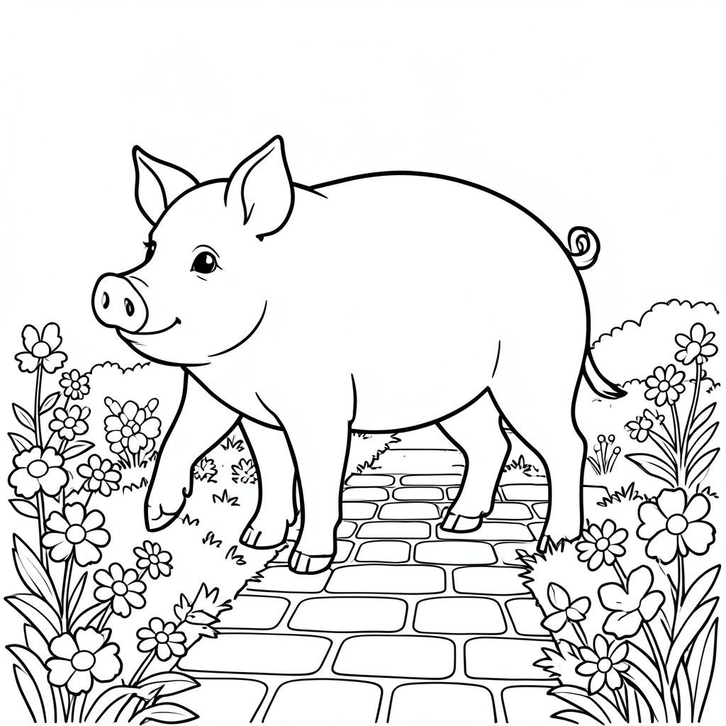 solo, chủ đề đơn, một đầu, hai mắt, hai tai, bốn chân, một đuôi, tỷ lệ tự nhiên, quy mô thích hợp trong môi trường, đúng giải phẫu, Con lợn, đá cuội, con đường, vườn, hoa, giường, đơn giản, sạch sẽ, lý lịch, tuyến tính, nghệ thuật, tô màu, nghệ thuật đường, nền trắng, solo, chủ đề đơn, đúng về mặt giải phẫu, giải phẫu hoàn hảo