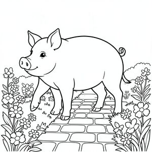 solo, chủ đề đơn, một đầu, hai mắt, hai tai, bốn chân, một đuôi, tỷ lệ tự nhiên, quy mô thích hợp trong môi trường, đúng giải phẫu, Con lợn, đá cuội, con đường, vườn, hoa, giường, đơn giản, sạch sẽ, lý lịch, tuyến tính, nghệ thuật, tô màu, nghệ thuật đường, nền trắng, solo, chủ đề đơn, đúng về mặt giải phẫu, giải phẫu hoàn hảo