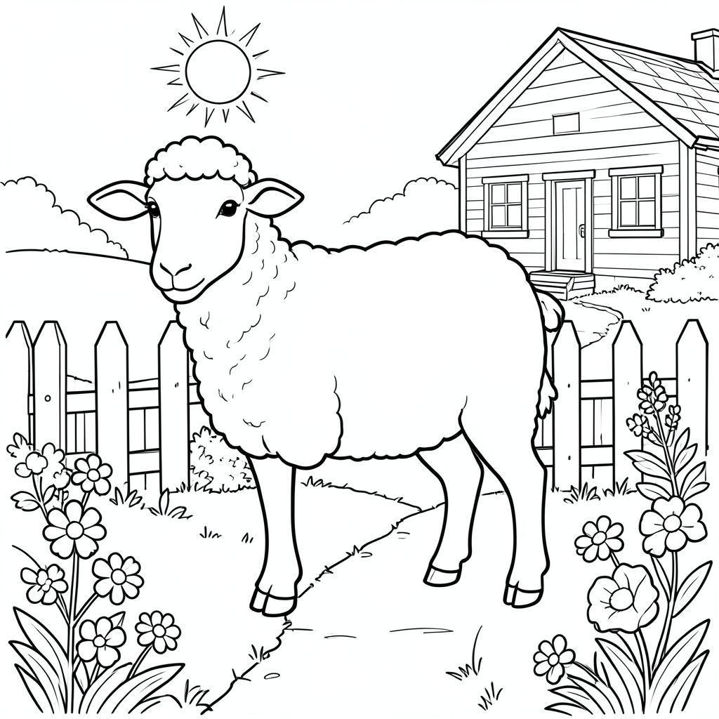 solo, chủ đề đơn, một đầu, hai mắt, hai tai, bốn chân, một đuôi, tỷ lệ tự nhiên, quy mô thích hợp trong môi trường, đúng về mặt giải phẫu, Cừu, Hàng rào cọc, đường vườn, hoa, ánh sáng mặt trời, đơn giản, sạch sẽ, lý lịch, Nông thôn, Ngôi nhà nhỏ, nhỏ, trang tô màu, nghệ thuật đường, nền trắng, solo, chủ đề đơn, đúng về mặt giải phẫu, giải phẫu hoàn hảo