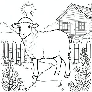 solo, chủ đề đơn, một đầu, hai mắt, hai tai, bốn chân, một đuôi, tỷ lệ tự nhiên, quy mô thích hợp trong môi trường, đúng về mặt giải phẫu, Cừu, Hàng rào cọc, đường vườn, hoa, ánh sáng mặt trời, đơn giản, sạch sẽ, lý lịch, Nông thôn, Ngôi nhà nhỏ, nhỏ, trang tô màu, nghệ thuật đường, nền trắng, solo, chủ đề đơn, đúng về mặt giải phẫu, giải phẫu hoàn hảo