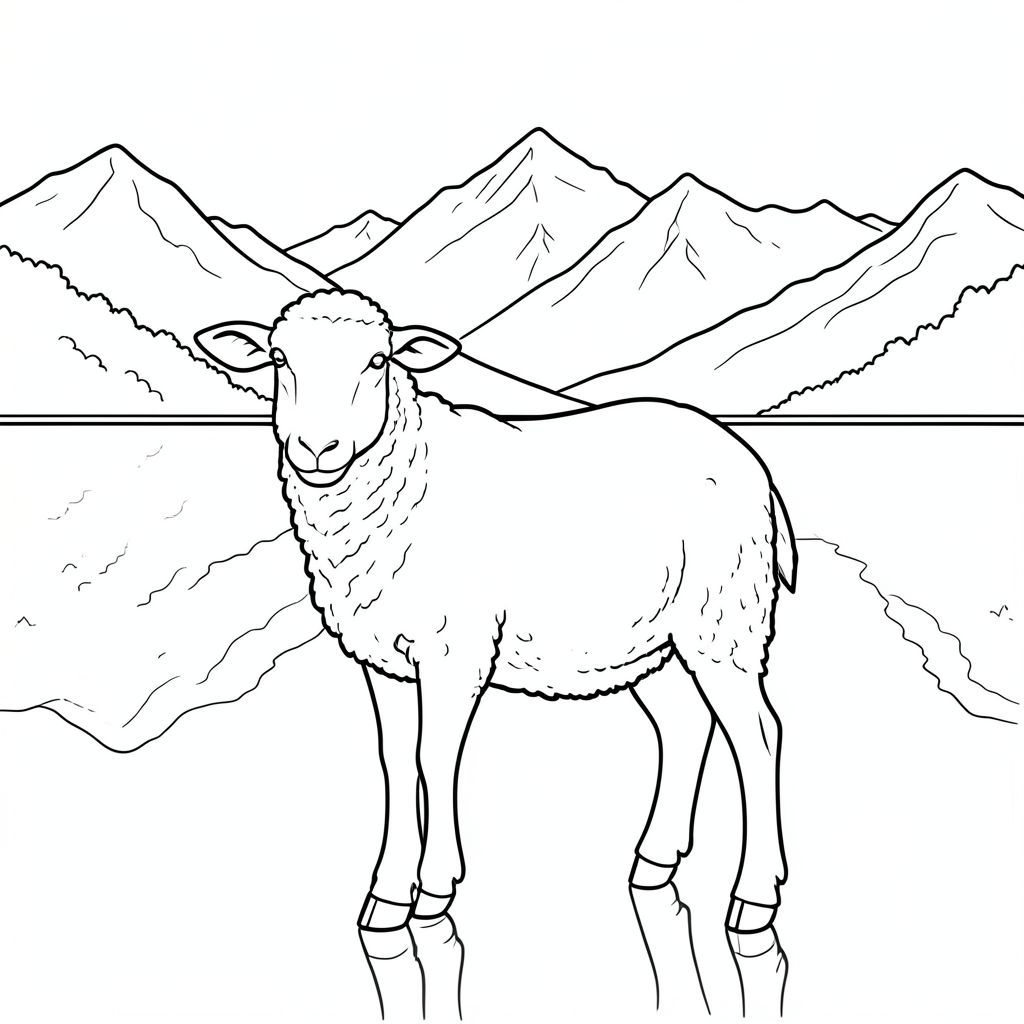 solo, chủ đề đơn, một đầu, hai mắt, hai tai, bốn chân, một đuôi, tỷ lệ tự nhiên, quy mô thích hợp trong môi trường, đúng giải phẫu, Cừu, Hồ Alpine, nước tĩnh, núi, Sự phản chiếu, rõ ràng, đơn giản, sạch sẽ, lý lịch, phong cảnh, đường chân trời, tô màu, nghệ thuật đường, nền trắng, solo, chủ đề đơn, đúng giải phẫu, giải phẫu hoàn hảo