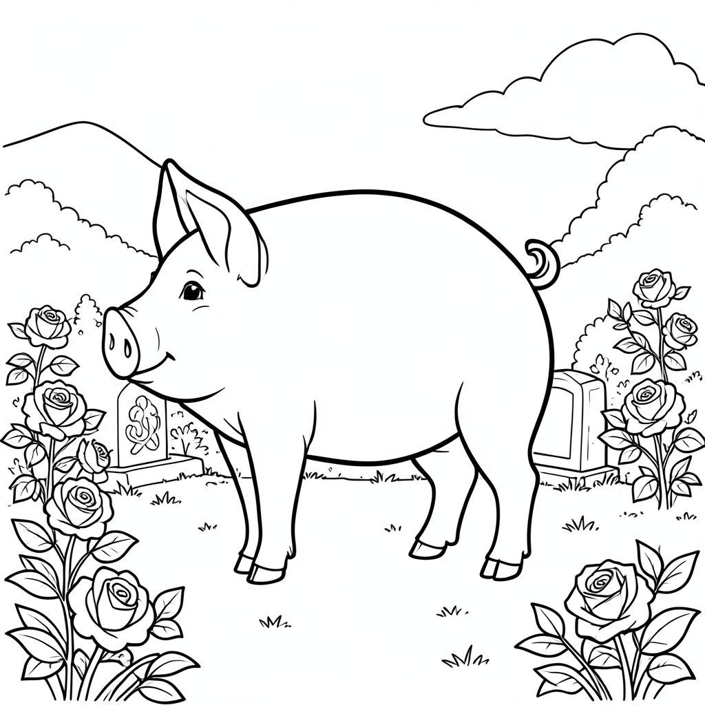 solo, chủ đề đơn, một đầu, hai mắt, hai tai, bốn chân, một đuôi, tỷ lệ tự nhiên, quy mô thích hợp trong môi trường, đúng giải phẫu, con lợn, vườn, đài tưởng niệm, mảng đá, bụi hoa hồng, yên tĩnh, yên bình, đơn giản, sạch sẽ, lý lịch, phong cảnh, trang tô màu, nghệ thuật đường, nền trắng, solo, chủ đề đơn, chính xác về mặt giải phẫu, giải phẫu hoàn hảo