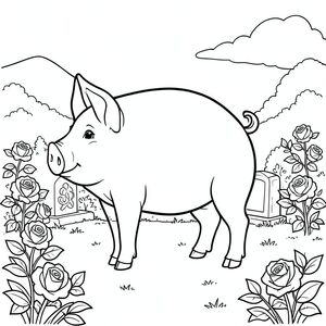 solo, chủ đề đơn, một đầu, hai mắt, hai tai, bốn chân, một đuôi, tỷ lệ tự nhiên, quy mô thích hợp trong môi trường, đúng giải phẫu, con lợn, vườn, đài tưởng niệm, mảng đá, bụi hoa hồng, yên tĩnh, yên bình, đơn giản, sạch sẽ, lý lịch, phong cảnh, trang tô màu, nghệ thuật đường, nền trắng, solo, chủ đề đơn, chính xác về mặt giải phẫu, giải phẫu hoàn hảo