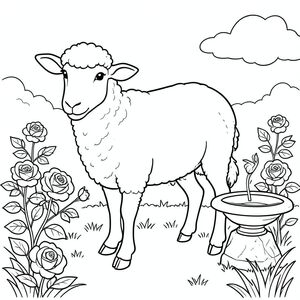 solo, chủ đề đơn, một đầu, hai mắt, hai tai, bốn chân, một đuôi, tỷ lệ tự nhiên, quy mô thích hợp trong môi trường, đúng giải phẫu, Cừu, vườn, Hoa hồng, băng ghế đá, Bồn tắm chim, Ánh sáng mặt trời, cỏ, nền đơn giản, dọn dẹp, tinh khiết, sách truyện, tô màu, nghệ thuật đường, nền trắng, solo, chủ đề đơn, đúng giải phẫu, giải phẫu hoàn hảo