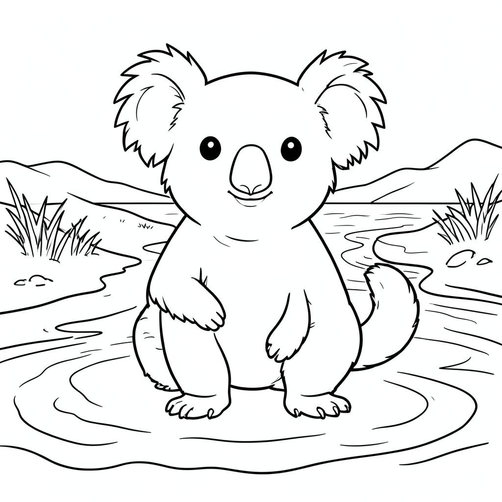 solo, chủ đề đơn, một đầu, hai mắt, hai tai, bốn chân, một đuôi, tỷ lệ tự nhiên, quy mô thích hợp trong môi trường, đúng giải phẫu, Koala, Kênh thủy triều, cồn cát, nước nông, nước ấm, cát, bờ biển, nước trong, ánh sáng mặt trời, nền đơn giản, dọn dẹp, trang màu, nghệ thuật đường, nền trắng, solo, chủ đề đơn, đúng về mặt giải phẫu, giải phẫu hoàn hảo