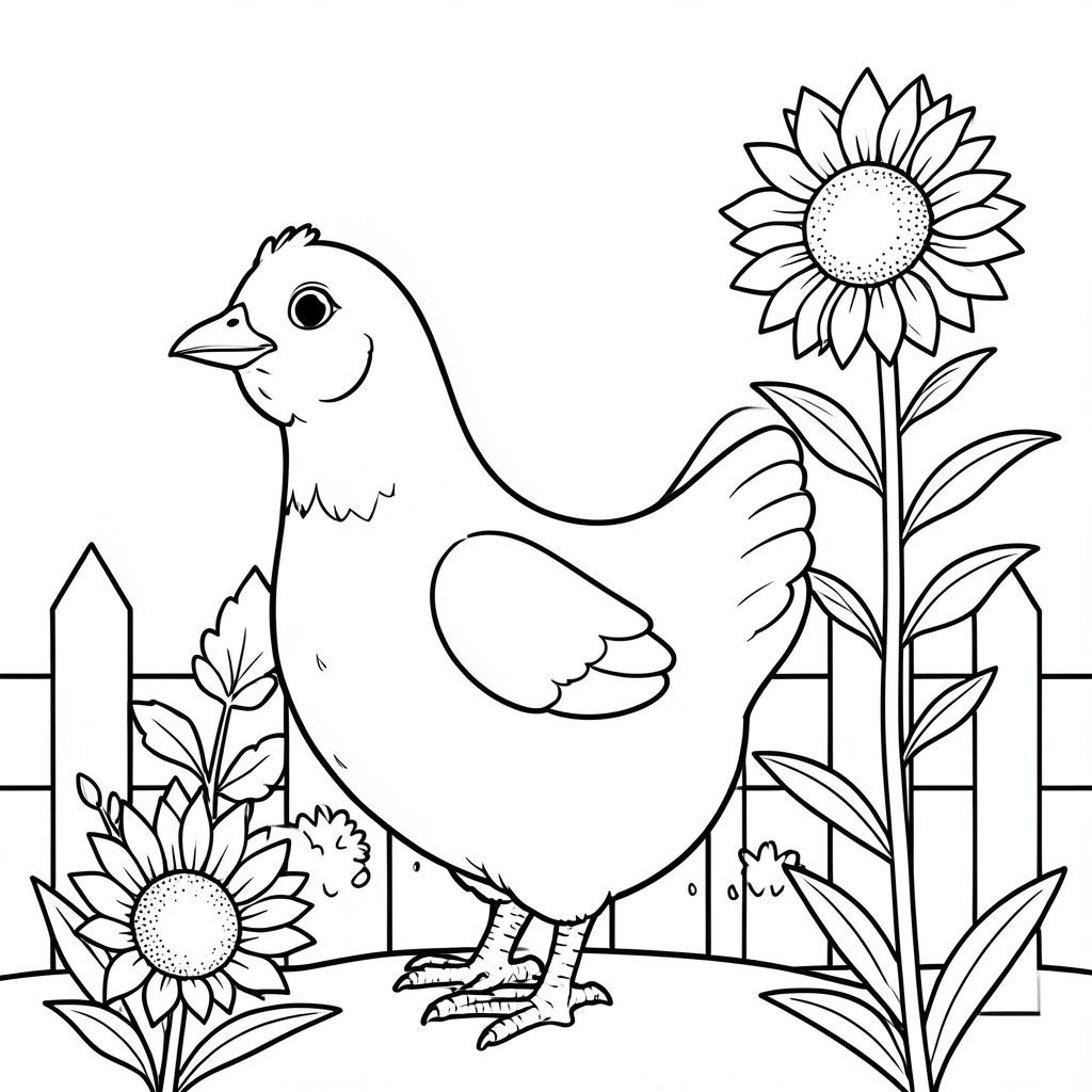 solo, một con chim, một đầu, hai mắt, một mỏ, hai cánh, hai chân, một đuôi, tỷ lệ tự nhiên, quy mô thích hợp trong môi trường, đúng giải phẫu, gà, hướng dương, vá, cao, nở hoa, vui mừng, vườn, hàng rào, cọc cọc, đơn giản, dọn dẹp, trang màu, nghệ thuật đường, nền trắng, solo, chủ đề đơn, chính xác về mặt giải phẫu, giải phẫu hoàn hảo