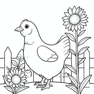 solo, một con chim, một đầu, hai mắt, một mỏ, hai cánh, hai chân, một đuôi, tỷ lệ tự nhiên, quy mô thích hợp trong môi trường, đúng giải phẫu, gà, hướng dương, vá, cao, nở hoa, vui mừng, vườn, hàng rào, cọc cọc, đơn giản, dọn dẹp, trang màu, nghệ thuật đường, nền trắng, solo, chủ đề đơn, chính xác về mặt giải phẫu, giải phẫu hoàn hảo