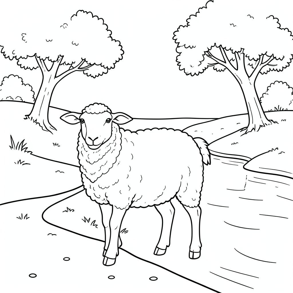 solo, chủ đề đơn, một đầu, hai mắt, hai tai, bốn chân, một đuôi, tỷ lệ tự nhiên, quy mô thích hợp trong môi trường, đúng về mặt giải phẫu, Cừu, Sông, uốn cong, cát, ngân hàng, cây, Ánh sáng mặt trời, rõ ràng, điềm tĩnh, Nước, mịn, trang màu, nghệ thuật đường, nền trắng, solo, chủ đề đơn, đúng về mặt giải phẫu, giải phẫu hoàn hảo