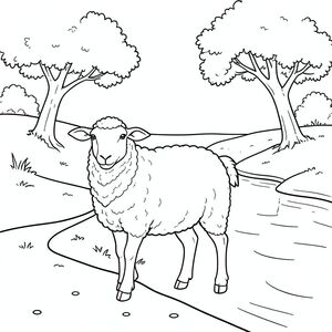 solo, chủ đề đơn, một đầu, hai mắt, hai tai, bốn chân, một đuôi, tỷ lệ tự nhiên, quy mô thích hợp trong môi trường, đúng về mặt giải phẫu, Cừu, Sông, uốn cong, cát, ngân hàng, cây, Ánh sáng mặt trời, rõ ràng, điềm tĩnh, Nước, mịn, trang màu, nghệ thuật đường, nền trắng, solo, chủ đề đơn, đúng về mặt giải phẫu, giải phẫu hoàn hảo