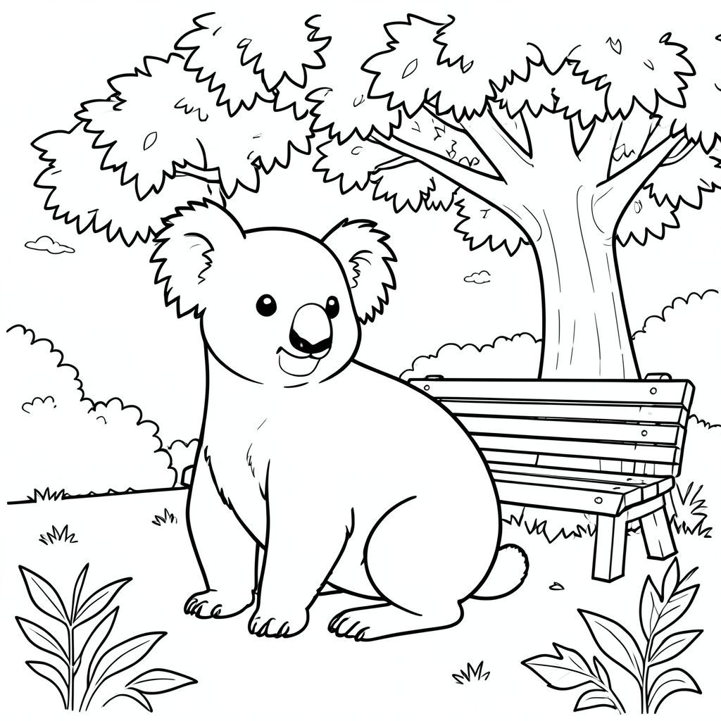 solo, chủ đề đơn, một đầu, hai mắt, hai tai, bốn chân, một đuôi, tỷ lệ tự nhiên, quy mô thích hợp trong môi trường, đúng giải phẫu, Koala, Cây sồi, công viên, băng ghế, Mùa thu, lá, tán lá, Ánh sáng mặt trời, lý lịch, đơn giản, dọn dẹp, trang màu, nghệ thuật đường, nền trắng, solo, chủ đề đơn, đúng giải phẫu, giải phẫu hoàn hảo