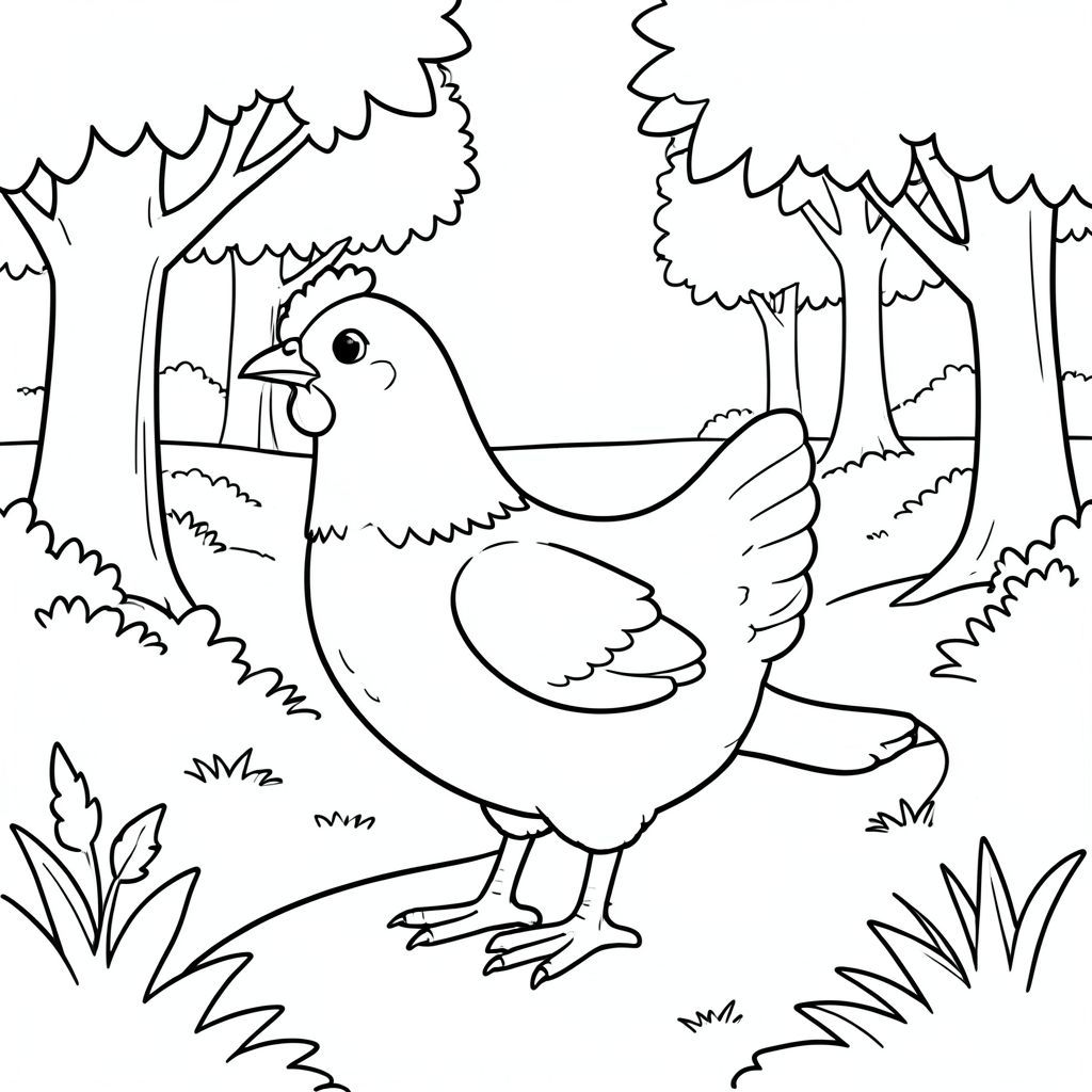 solo, một con chim, một đầu, hai mắt, một mỏ, hai cánh, hai chân, một đuôi, tỷ lệ tự nhiên, quy mô thích hợp trong môi trường, đúng về mặt giải phẫu, gà, rừng, con đường, quanh co, yên tĩnh, ngoại ô, công viên, cây cối, tán lá, ánh sáng mặt trời, đơn giản, trang tô màu, nghệ thuật đường, nền trắng, solo, chủ đề đơn, chính xác về mặt giải phẫu, giải phẫu hoàn hảo