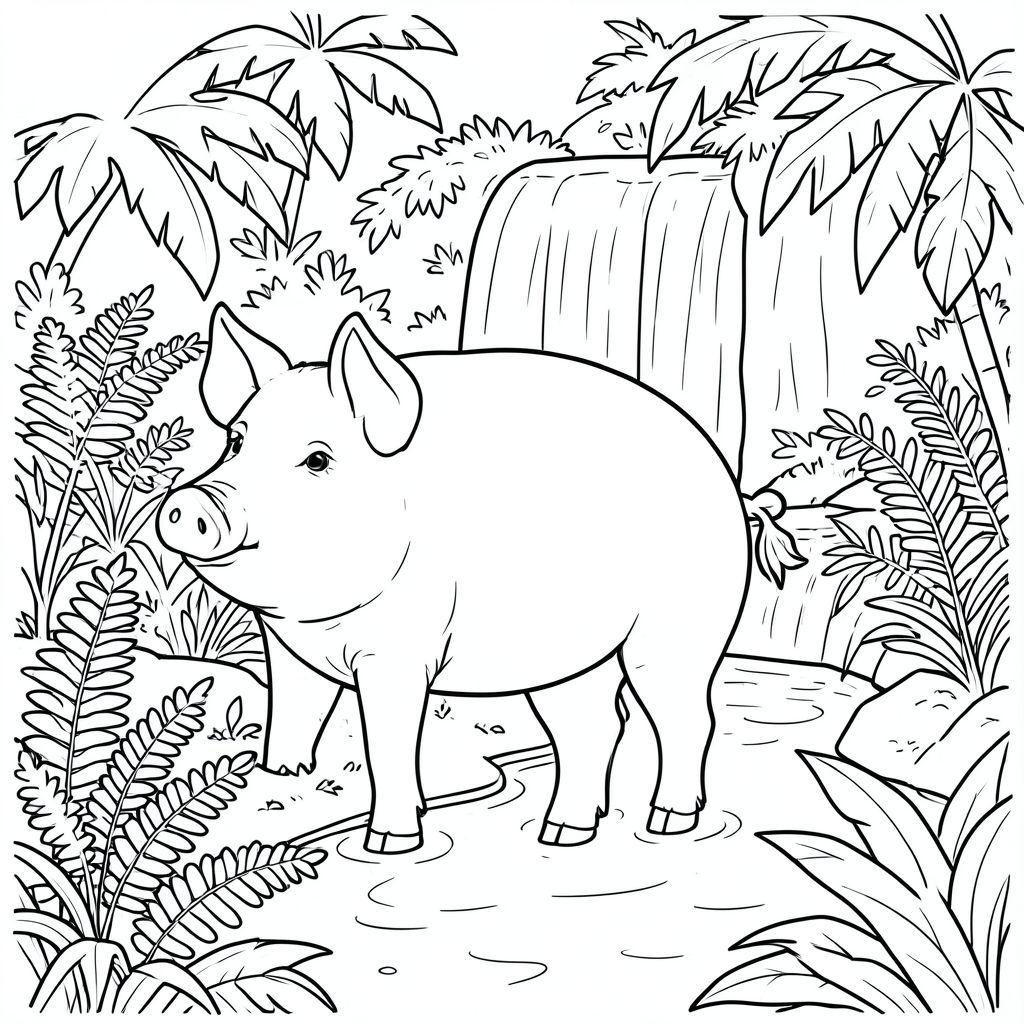 solo, chủ đề đơn, một đầu, hai mắt, hai tai, bốn chân, một đuôi, tỷ lệ tự nhiên, quy mô thích hợp trong môi trường, chính xác về mặt giải phẫu, Con lợn, Dương xỉ, tươi tốt, nhiệt đới, vườn, thác nước, nhẹ nhàng, dòng suối, trong sáng, Nước, Ánh sáng mặt trời, trang màu, nghệ thuật đường, nền trắng, solo, chủ đề đơn, đúng về mặt giải phẫu, giải phẫu hoàn hảo