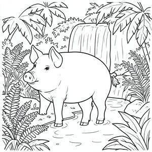 solo, chủ đề đơn, một đầu, hai mắt, hai tai, bốn chân, một đuôi, tỷ lệ tự nhiên, quy mô thích hợp trong môi trường, chính xác về mặt giải phẫu, Con lợn, Dương xỉ, tươi tốt, nhiệt đới, vườn, thác nước, nhẹ nhàng, dòng suối, trong sáng, Nước, Ánh sáng mặt trời, trang màu, nghệ thuật đường, nền trắng, solo, chủ đề đơn, đúng về mặt giải phẫu, giải phẫu hoàn hảo