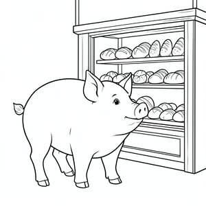 solo, chủ đề đơn, một đầu, hai mắt, hai tai, bốn chân, một đuôi, tỷ lệ tự nhiên, quy mô thích hợp trong môi trường, đúng giải phẫu, Con lợn, cửa sổ tiệm bánh, trưng bày, bánh mì, bánh ngọt, ấm áp, nền đơn giản, dọn dẹp, mặt tiền cửa hàng, bằng gỗ, kệ, trang màu, nghệ thuật đường, nền trắng, solo, chủ đề đơn, đúng giải phẫu, giải phẫu hoàn hảo