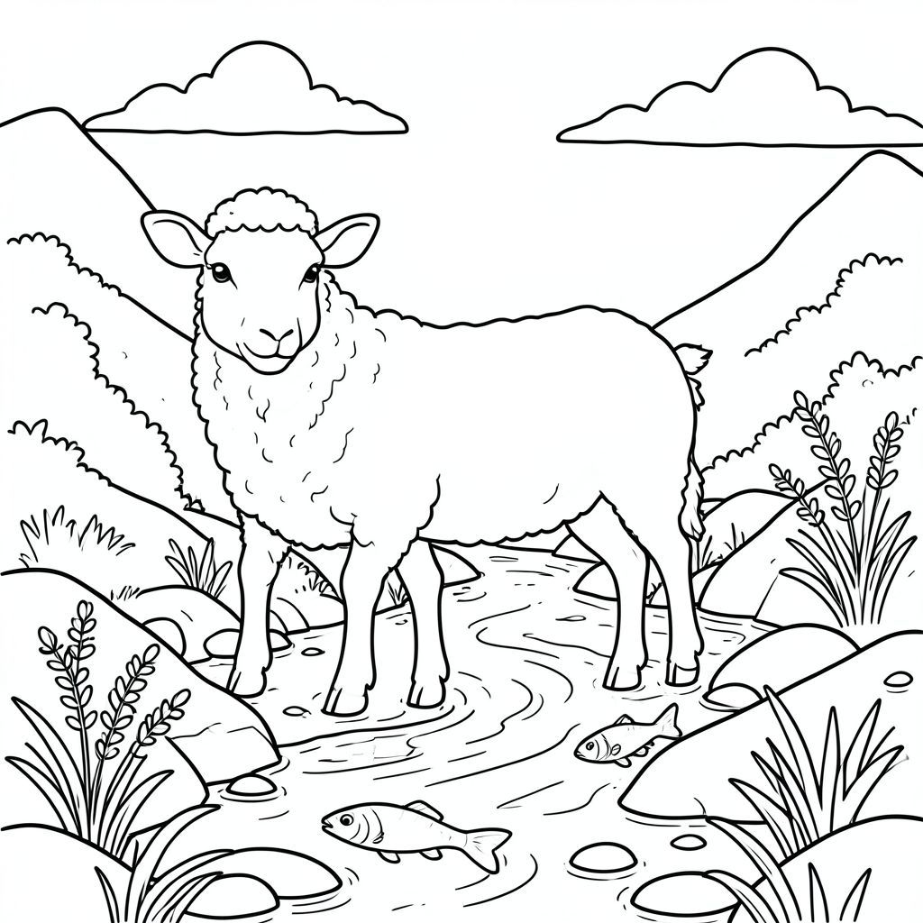 solo, chủ đề đơn, một đầu, hai mắt, hai tai, bốn chân, một đuôi, tỷ lệ tự nhiên, quy mô thích hợp trong môi trường, đúng giải phẫu, Cừu, Suối núi, cải xoong, Cá nhỏ, Nước trong, đá, Ánh sáng mặt trời, đá mịn, Bầu trời, Dòng chảy nhẹ nhàng, Nguyên sơ, Trang màu, Nghệ thuật đường nét, nền trắng, Solo, chủ đề đơn, Đúng giải phẫu, Giải phẫu hoàn hảo