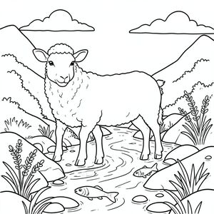 solo, chủ đề đơn, một đầu, hai mắt, hai tai, bốn chân, một đuôi, tỷ lệ tự nhiên, quy mô thích hợp trong môi trường, đúng giải phẫu, Cừu, Suối núi, cải xoong, Cá nhỏ, Nước trong, đá, Ánh sáng mặt trời, đá mịn, Bầu trời, Dòng chảy nhẹ nhàng, Nguyên sơ, Trang màu, Nghệ thuật đường nét, nền trắng, Solo, chủ đề đơn, Đúng giải phẫu, Giải phẫu hoàn hảo