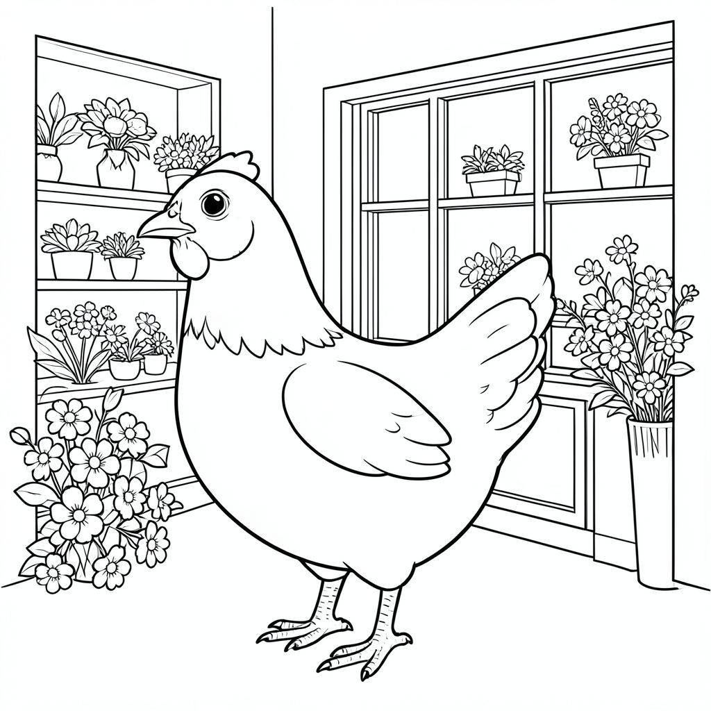 solo, một con chim, một đầu, hai mắt, một mỏ, hai cánh, hai chân, một đuôi, tỷ lệ tự nhiên, quy mô thích hợp trong môi trường, đúng giải phẫu, gà, Hoa, bó hoa, cửa tiệm, Nội địa, bằng gỗ, kệ, cửa sổ, dọn dẹp, đơn giản, lý lịch, tô màu, nghệ thuật đường, nền trắng, solo, chủ đề đơn, đúng giải phẫu, giải phẫu hoàn hảo