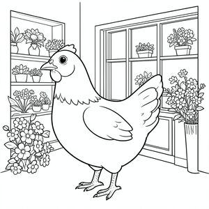 solo, một con chim, một đầu, hai mắt, một mỏ, hai cánh, hai chân, một đuôi, tỷ lệ tự nhiên, quy mô thích hợp trong môi trường, đúng giải phẫu, gà, Hoa, bó hoa, cửa tiệm, Nội địa, bằng gỗ, kệ, cửa sổ, dọn dẹp, đơn giản, lý lịch, tô màu, nghệ thuật đường, nền trắng, solo, chủ đề đơn, đúng giải phẫu, giải phẫu hoàn hảo