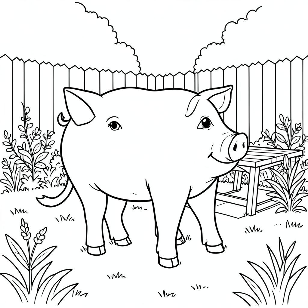 solo, chủ đề đơn, một đầu, hai mắt, hai tai, bốn chân, một đuôi, tỷ lệ tự nhiên, quy mô thích hợp trong môi trường, đúng giải phẫu, Con lợn, ánh nắng, sân sau, hiên, thực vật, bàn, đơn giản, sạch sẽ, lý lịch, cỏ, ngoài trời, tô màu, nghệ thuật đường, nền trắng, solo, chủ đề đơn, đúng về mặt giải phẫu, giải phẫu hoàn hảo