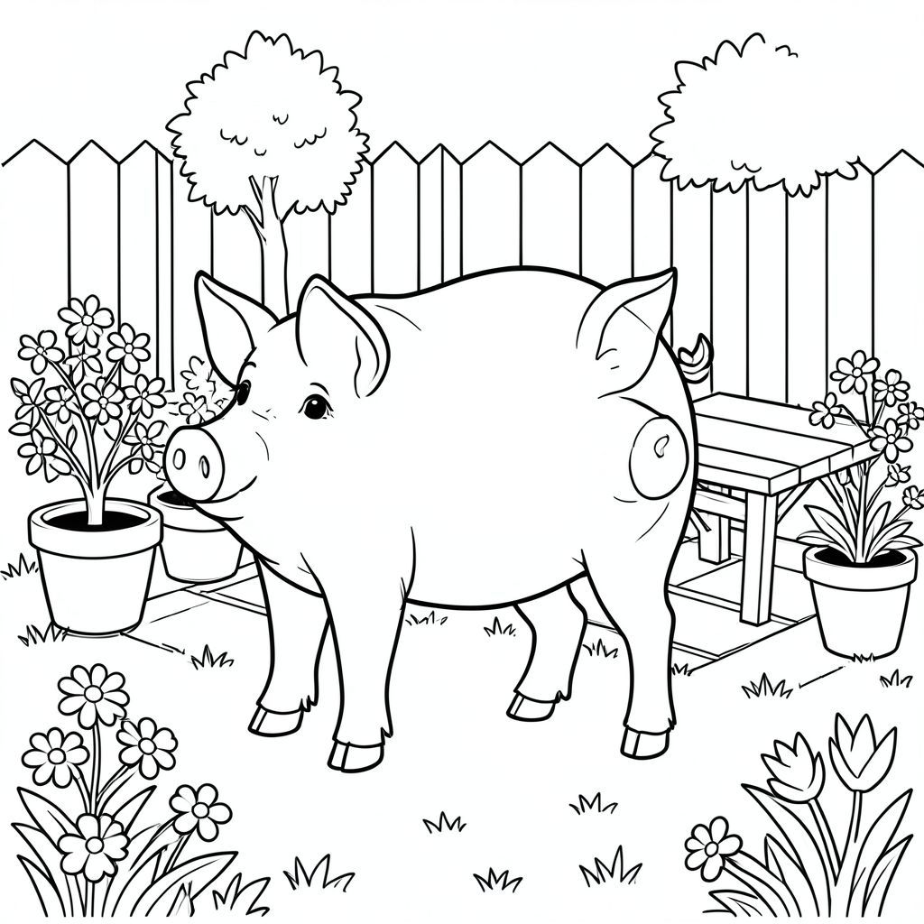 solo, chủ đề đơn, một đầu, hai mắt, hai tai, bốn chân, một đuôi, tỷ lệ tự nhiên, quy mô thích hợp trong môi trường, đúng giải phẫu, con lợn, sân nắng, sân sau, vườn, cây trồng trong chậu, bàn, nền đơn giản, dọn dẹp, nội thất trắng, cỏ, hoa, trang màu, nghệ thuật đường, nền trắng, solo, chủ đề đơn, chính xác về mặt giải phẫu, giải phẫu hoàn hảo