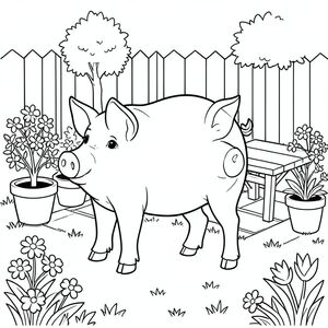 solo, chủ đề đơn, một đầu, hai mắt, hai tai, bốn chân, một đuôi, tỷ lệ tự nhiên, quy mô thích hợp trong môi trường, đúng giải phẫu, con lợn, sân nắng, sân sau, vườn, cây trồng trong chậu, bàn, nền đơn giản, dọn dẹp, nội thất trắng, cỏ, hoa, trang màu, nghệ thuật đường, nền trắng, solo, chủ đề đơn, chính xác về mặt giải phẫu, giải phẫu hoàn hảo