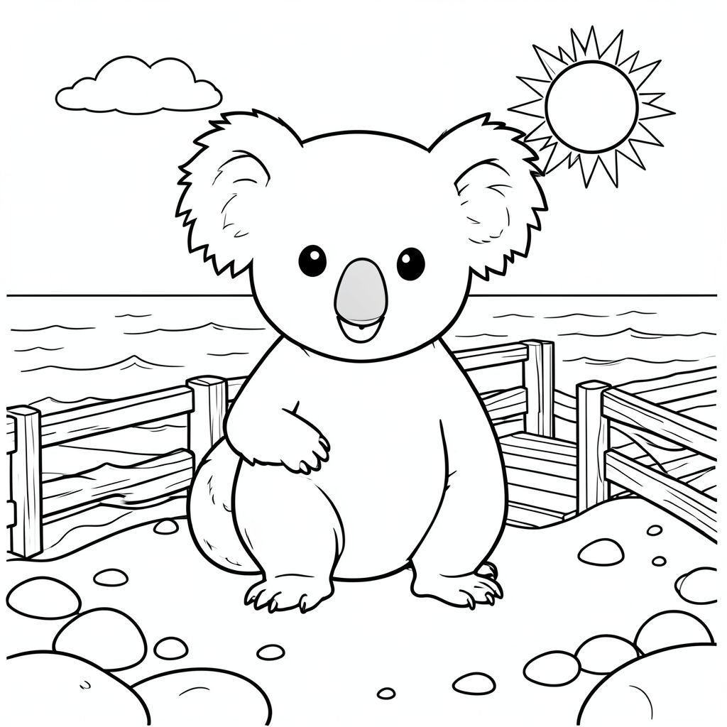 solo, chủ đề đơn, một đầu, hai mắt, hai tai, bốn chân, một đuôi, tỷ lệ tự nhiên, quy mô thích hợp trong môi trường, đúng giải phẫu, Koala, mặt trời, bờ biển, lối đi lát ván, lan can gỗ, bầu trời quang đãng, cát, đại dương, sóng, bờ biển, đá mịn, trang màu, nghệ thuật đường, nền trắng, solo, chủ đề đơn, đúng về mặt giải phẫu, giải phẫu hoàn hảo