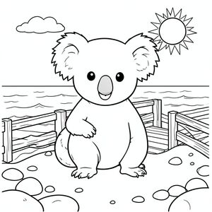 solo, chủ đề đơn, một đầu, hai mắt, hai tai, bốn chân, một đuôi, tỷ lệ tự nhiên, quy mô thích hợp trong môi trường, đúng giải phẫu, Koala, mặt trời, bờ biển, lối đi lát ván, lan can gỗ, bầu trời quang đãng, cát, đại dương, sóng, bờ biển, đá mịn, trang màu, nghệ thuật đường, nền trắng, solo, chủ đề đơn, đúng về mặt giải phẫu, giải phẫu hoàn hảo