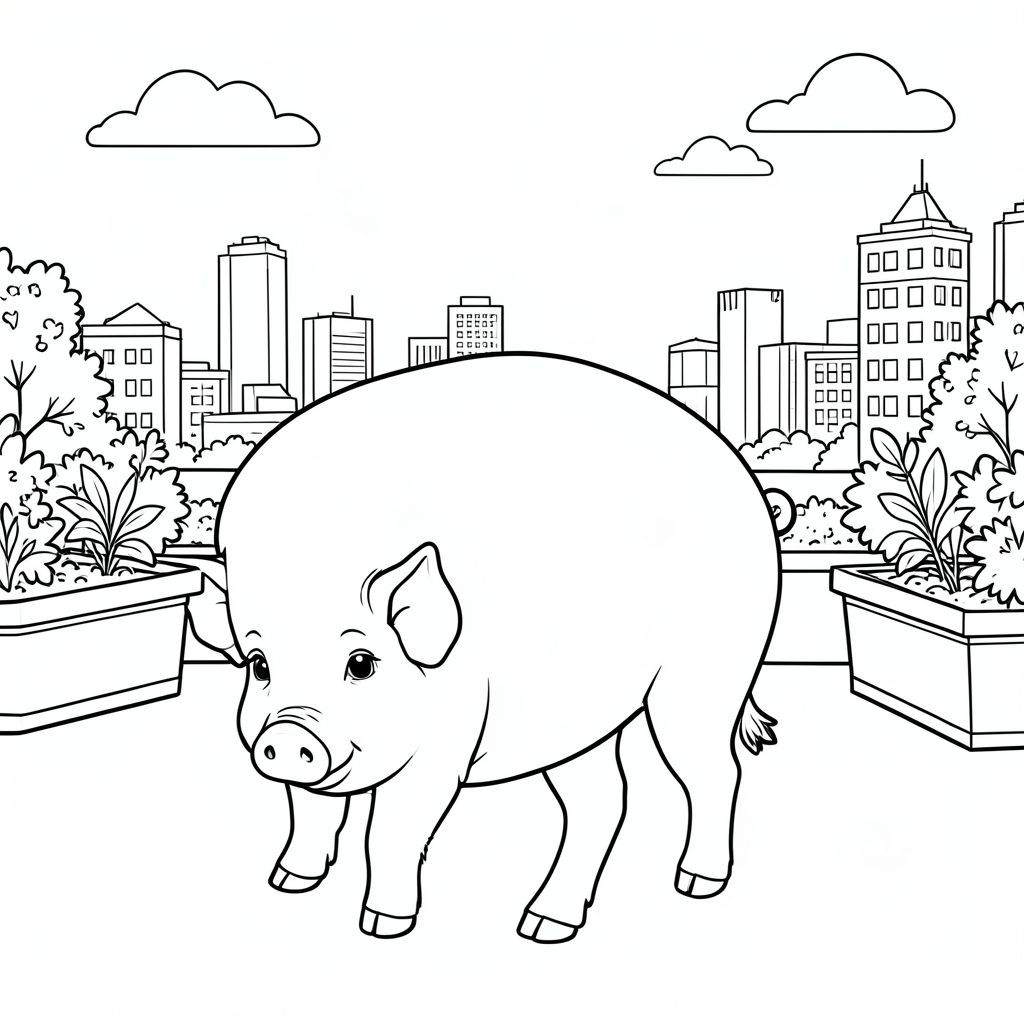 solo, chủ đề đơn, một đầu, hai mắt, hai tai, bốn chân, một đuôi, tỷ lệ tự nhiên, quy mô thích hợp trong môi trường, đúng về mặt giải phẫu, Con lợn, Sân thượng, tòa nhà thành phố, Chậu trồng cây nâng cao, Đường chân trời, tán lá, Ánh sáng mặt trời, bầu trời quang đãng, đơn giản, dọn dẹp, lý lịch, tô màu, nghệ thuật đường, nền trắng, solo, chủ đề đơn, đúng về mặt giải phẫu, giải phẫu hoàn hảo
