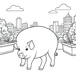 solo, chủ đề đơn, một đầu, hai mắt, hai tai, bốn chân, một đuôi, tỷ lệ tự nhiên, quy mô thích hợp trong môi trường, đúng về mặt giải phẫu, Con lợn, Sân thượng, tòa nhà thành phố, Chậu trồng cây nâng cao, Đường chân trời, tán lá, Ánh sáng mặt trời, bầu trời quang đãng, đơn giản, dọn dẹp, lý lịch, tô màu, nghệ thuật đường, nền trắng, solo, chủ đề đơn, đúng về mặt giải phẫu, giải phẫu hoàn hảo