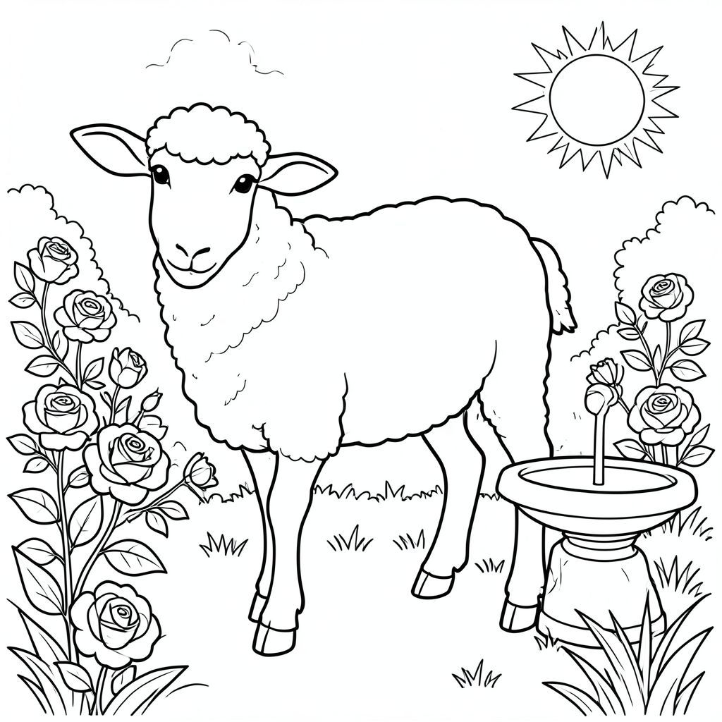 solo, chủ đề đơn, một đầu, hai mắt, hai tai, bốn chân, một đuôi, tỷ lệ tự nhiên, quy mô thích hợp trong môi trường, đúng giải phẫu, Cừu, vườn, Hoa hồng, băng ghế đá, Bồn tắm chim, nắng, đơn giản, sạch sẽ, lý lịch, Tán lá, cỏ, trang màu, nghệ thuật đường, nền trắng, Solo, chủ đề đơn, đúng giải phẫu, giải phẫu hoàn hảo