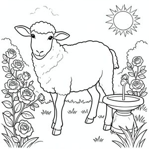 solo, chủ đề đơn, một đầu, hai mắt, hai tai, bốn chân, một đuôi, tỷ lệ tự nhiên, quy mô thích hợp trong môi trường, đúng giải phẫu, Cừu, vườn, Hoa hồng, băng ghế đá, Bồn tắm chim, nắng, đơn giản, sạch sẽ, lý lịch, Tán lá, cỏ, trang màu, nghệ thuật đường, nền trắng, Solo, chủ đề đơn, đúng giải phẫu, giải phẫu hoàn hảo