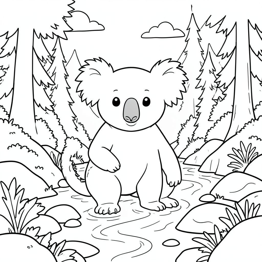 solo, chủ đề đơn, một đầu, hai mắt, hai tai, bốn chân, một đuôi, tỷ lệ tự nhiên, quy mô thích hợp trong môi trường, đúng giải phẫu, Koala, Núi, suối, rừng, đá, ánh sáng mặt trời, bầu trời quang đãng, đá mịn, rêu, nước, dòng chảy nhẹ nhàng, trang màu, nghệ thuật đường nét, nền trắng, solo, chủ đề đơn, đúng về mặt giải phẫu, giải phẫu hoàn hảo