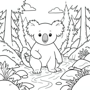 solo, chủ đề đơn, một đầu, hai mắt, hai tai, bốn chân, một đuôi, tỷ lệ tự nhiên, quy mô thích hợp trong môi trường, đúng giải phẫu, Koala, Núi, suối, rừng, đá, ánh sáng mặt trời, bầu trời quang đãng, đá mịn, rêu, nước, dòng chảy nhẹ nhàng, trang màu, nghệ thuật đường nét, nền trắng, solo, chủ đề đơn, đúng về mặt giải phẫu, giải phẫu hoàn hảo