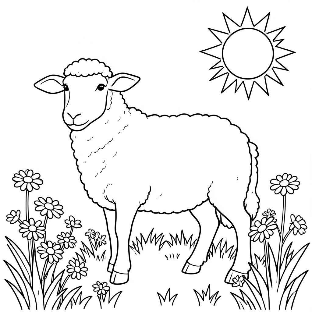 solo, chủ đề đơn, một đầu, hai mắt, hai tai, bốn chân, một đuôi, tỷ lệ tự nhiên, quy mô thích hợp trong môi trường, đúng giải phẫu, Cừu, mặt trời, mùa xuân, vườn, cúc, cỏ, ánh sáng mặt trời, rõ ràng, đơn giản, sạch sẽ, lý lịch, trang màu, nghệ thuật đường, nền trắng, solo, chủ đề đơn, đúng về mặt giải phẫu, giải phẫu hoàn hảo